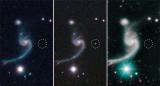 Трите панели ги претставуваат моментите пред, за време и по појавувањето на бледата супернова iPTF14gqr