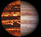 Композитна фотографија од Јупитер направена во инфрацрвеното подрачје (лево) и во видливото подрачје (десно)