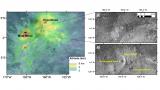 Податоците за надморска височина за регионот Маат и Оза Монс на површината на Венера се прикажани лево, со областа на проучување означена со црно. 