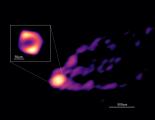 Комбинирана GMVA+ALMA слика на централниот регион на црната дупка во Месиер 87, добиена на 14-15 април 2018 година со набљудувања на бранова должина од 3,5 mm