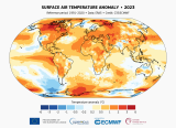 Аномалија на температурата на површинскиот воздух за 2023 година во однос на просекот за референтниот период 1991-2020 година.
