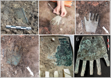 Секвенца од фотографии кои го илустрираат ископувањето (1–4) и реставрацијата (5–6) на раката од Ирулеги 