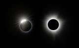 Комбинација од 2 фотографии од целосното затемнување на Сонцето над Лејк Мефемагог, Магог, Канада